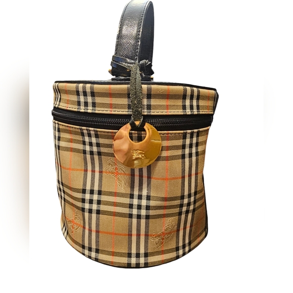 Burberry Handbags - Burberrys Brown Haymarket Canvas Round Vanity W/ COA
